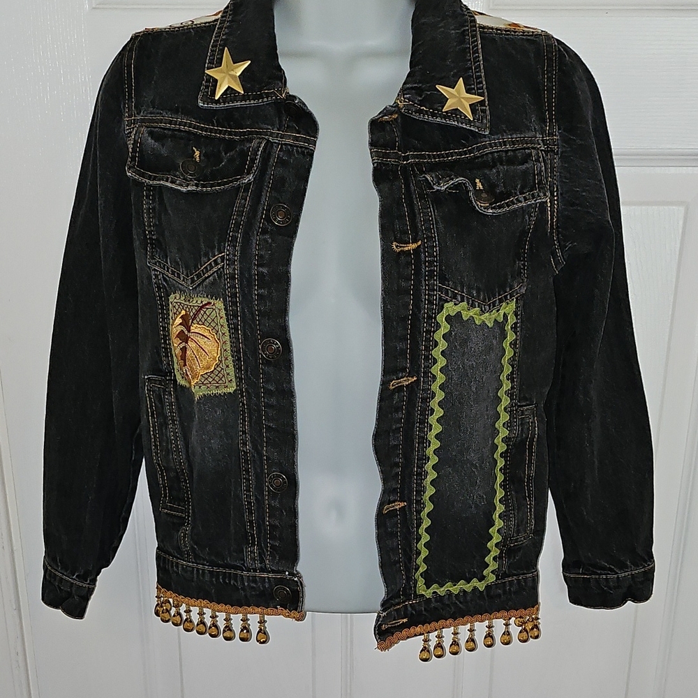Black Denim Jacket with Star and Patch Details